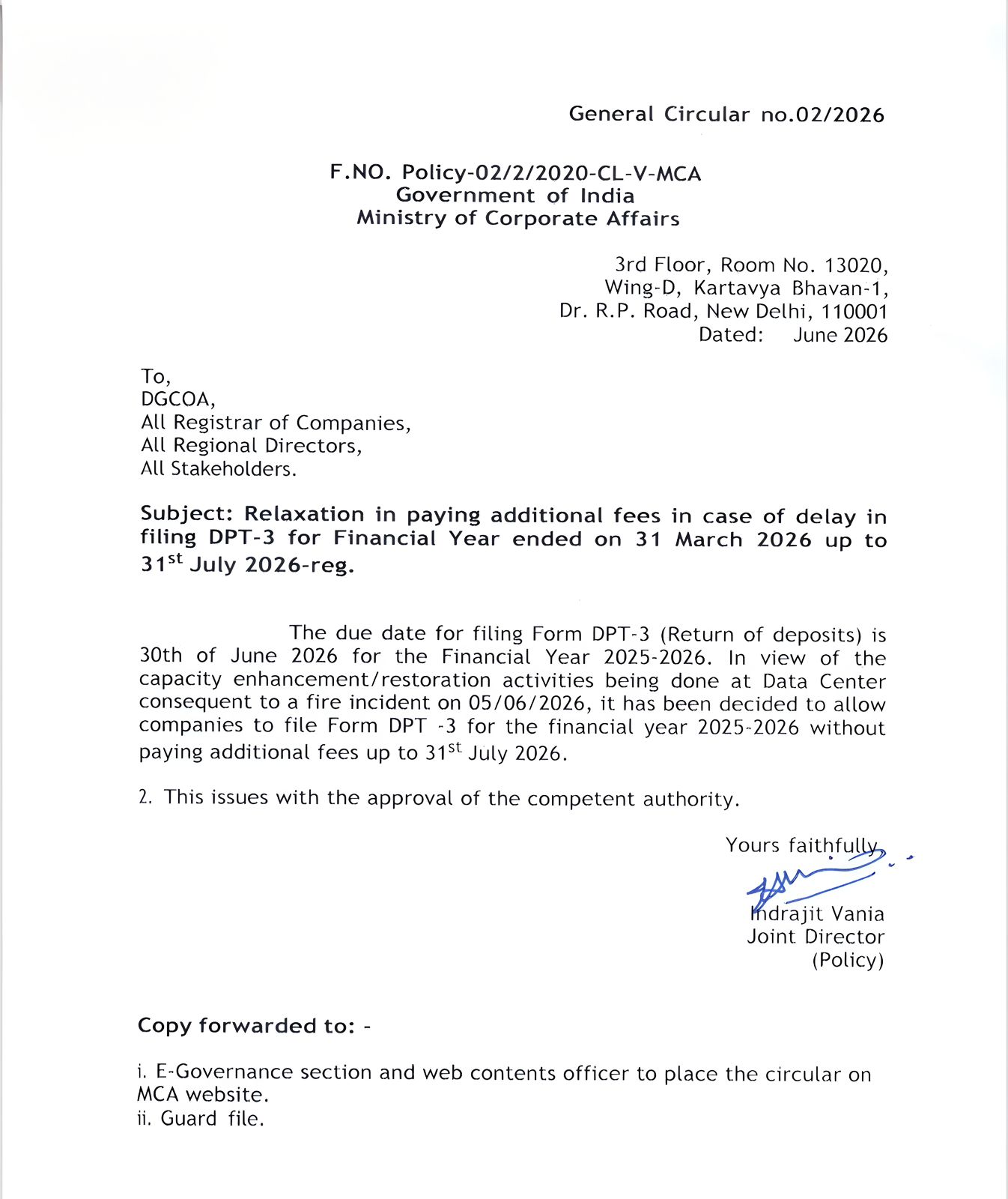 MCA Form DPT-3 Extension Notification