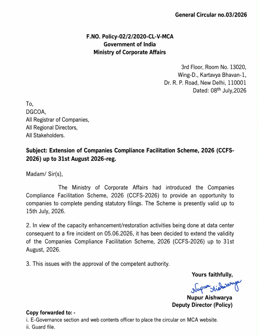 MCA Extends CCFS-2026 Deadline to 31st August 2026