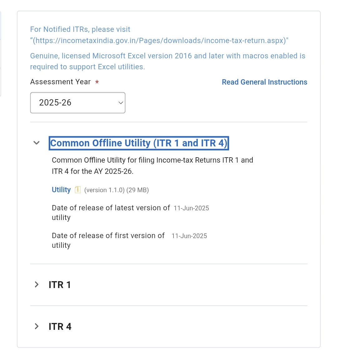 Income Tax India Portal - Common Offline Utility for ITR 1 and ITR 4 AY 2025-26