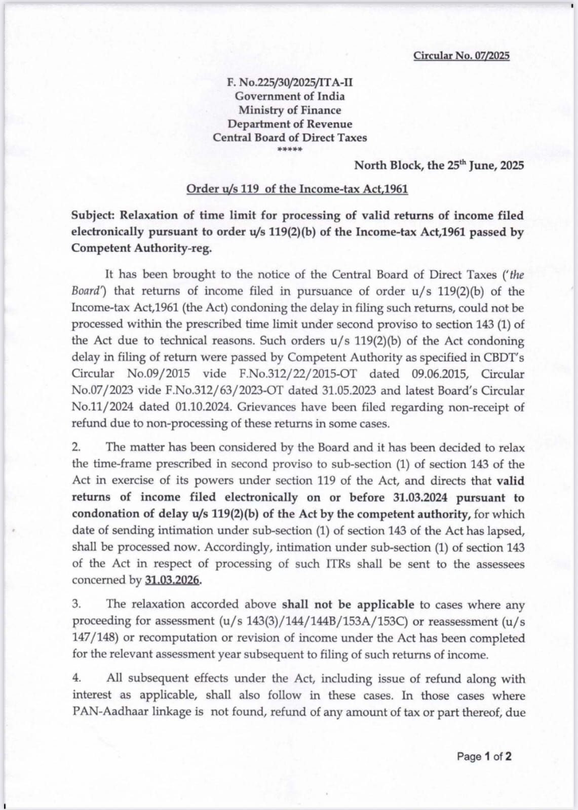 Circular Part 1 - CBDT Relaxation of Time Limit for ITR Processing